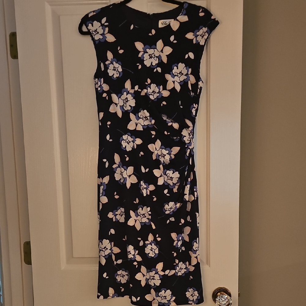 Eliza J Pink and navy Sheath Midi Dress Sleeveless Crew Neck